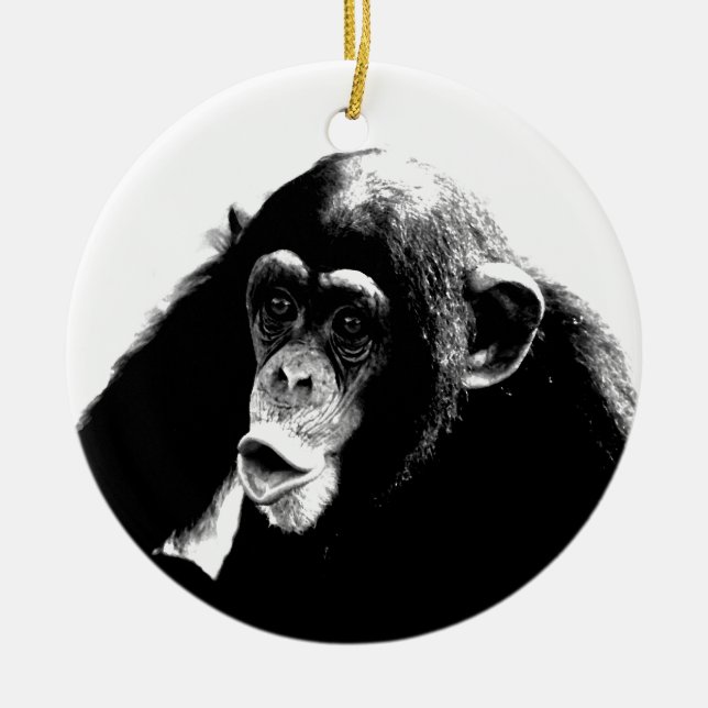 Ornamento De Cerâmica Chimpanzé Branco Preto (Frente)