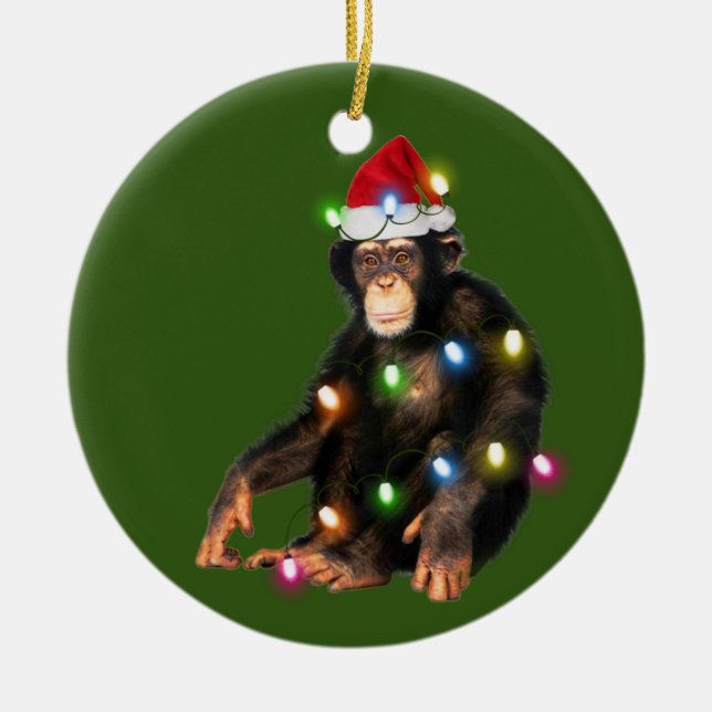 Ornamento De Cerâmica Chimpanzees With Hat Lights Christmas (Frente)