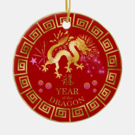 Ornamento De Cerâmica Chinês Zodiac Dragon Red/Dourado ID542