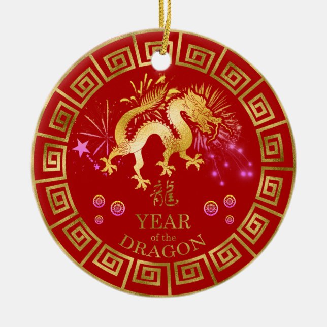 Ornamento De Cerâmica Chinês Zodiac Dragon Red/Dourado ID542 (Frente)