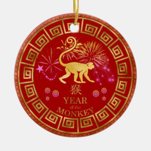 Ornamento De Cerâmica Chinês Zodiac Macaco Vermelho/Dourado ID542
