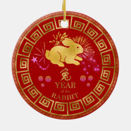 Ornamento De Cerâmica Chinês Zodiac Rabbit Vermelho/Dourado ID542