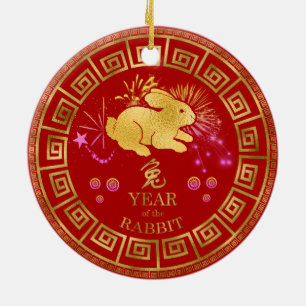 Ornamento De Cerâmica Chinês Zodiac Rabbit Vermelho/Dourado ID542