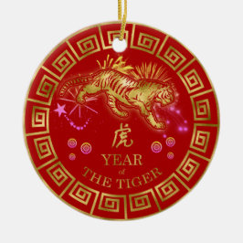 Ornamento De Cerâmica Chinês Zodiac Tiger Red/Dourado ID542