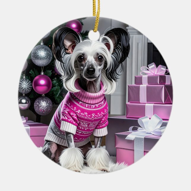 Ornamento De Cerâmica Chinese Crested Christmas (Frente)