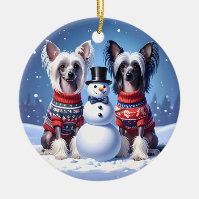 Ornamento De Cerâmica Chinese Crested Dogs & Snowman Christmas (Frente)