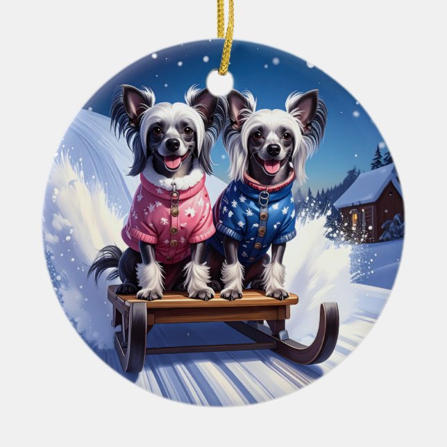 Ornamento De Cerâmica Chinese Crested Sled Ride Christmas (Frente)
