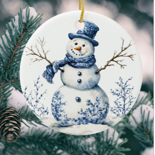 Ornamento De Cerâmica Chinoiserie Blue Snowman Personalizado
