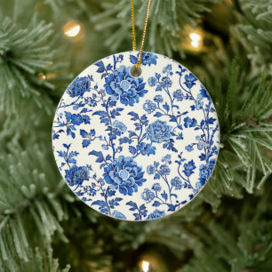 Ornamento De Cerâmica Chinoiserie Floral Branca e Azul do Grande Milênio