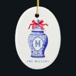 Ornamento De Cerâmica Chinoiserie Ginger Jar Monograma | Arco vermelho<br><div class="desc">Este design de chic apresenta um boião de gengibre de chinoiserie com um monograma azul e um arco vermelho. Você pode personalizar com seu monograma inicial e seu nome.</div>