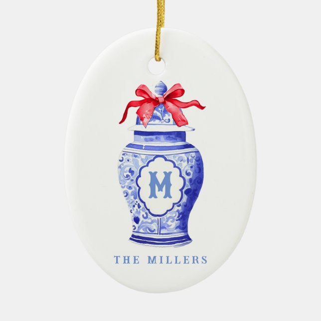 Ornamento De Cerâmica Chinoiserie Ginger Jar Monograma | Arco vermelho (Frente)