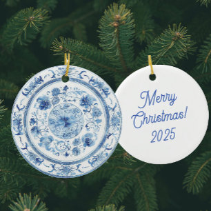 Ornamento De Cerâmica Chinoiserie personalizada White Plates azuis