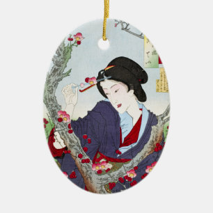Ornamento De Cerâmica Chinoiserie Senhora Japonesa & Flor de Cerejeira V