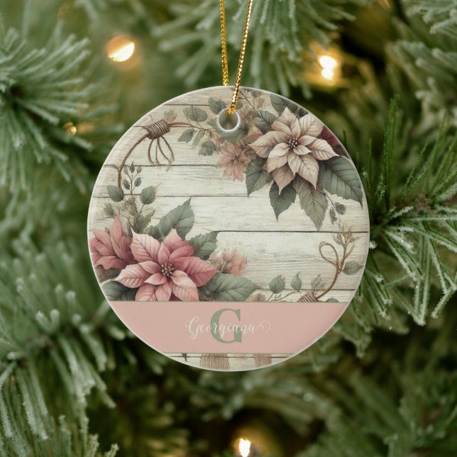 Ornamento De Cerâmica Chique de nome personalizado Pastel Poinsettias Ga (Árvore)