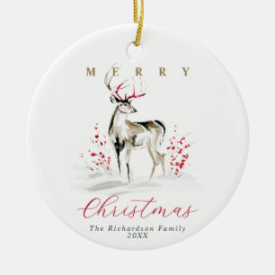 Ornamento De Cerâmica Chique Elegante Rústico Aquarela Veado Natal