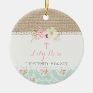 Ornamento De Cerâmica Chique Rosa, Mint, Lace & Burlap Religião
