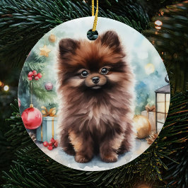 Ornamento De Cerâmica Chocolate Brown Pomeranian Puppy Natal