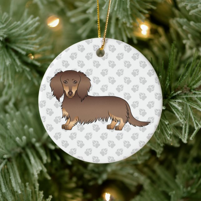 Ornamento De Cerâmica Chocolate e Tan Long Hair Dachshund (Árvore)