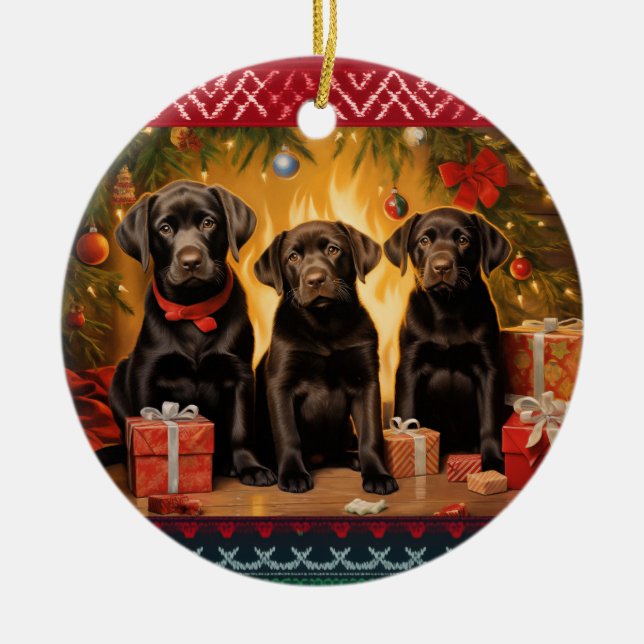 Ornamento De Cerâmica Chocolate Labrador - Cachorros de varejo Natal (Frente)