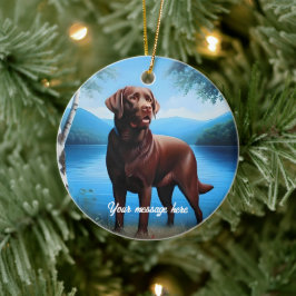 Ornamento De Cerâmica Chocolate Labrador e Blue Lake