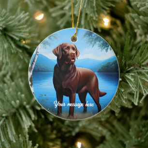 Ornamento De Cerâmica Chocolate Labrador e Lago Azul