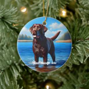 Ornamento De Cerâmica Chocolate Labrador e Lago Azul