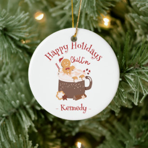 Ornamento De Cerâmica Chocolate Quente e Pão Gingerido de Natal