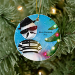 Ornamento De Cerâmica Cholo Snowman Foo Christmas Tree Lights<br><div class="desc">Decorre sua árvore com este ornamento que mostra minha ilustração de um boneco de neve que olha as luzes da árvore de Natal na neve.</div>