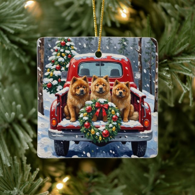 Ornamento De Cerâmica Chow Chow Christmas Red Truck Holiday (Árvore)