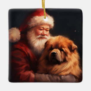 Ornamento De Cerâmica Chow Chow com Papai Noel Natal Festivo