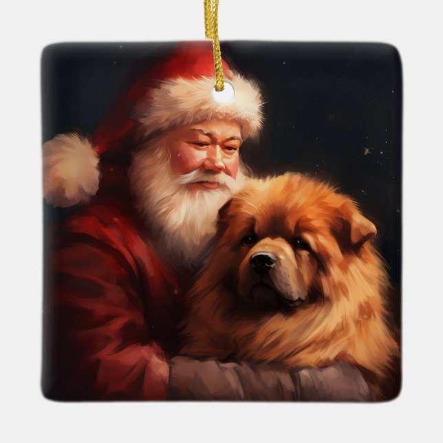 Ornamento De Cerâmica Chow Chow com Papai Noel Natal Festivo (Frente)