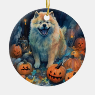 Ornamento De Cerâmica Chow Chow de Halloween com Abóboras Assustador
