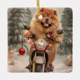 Ornamento De Cerâmica Chow Chow Dog Andando na Moto Natal