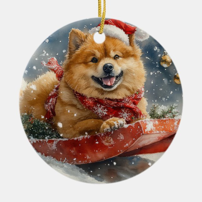 Ornamento De Cerâmica Chow Chow Dog Sledge Deixe-o nevar no Natal (Frente)