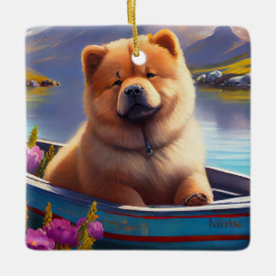 Ornamento De Cerâmica Chow Chow em uma Canoa: Uma Aventura Cênica