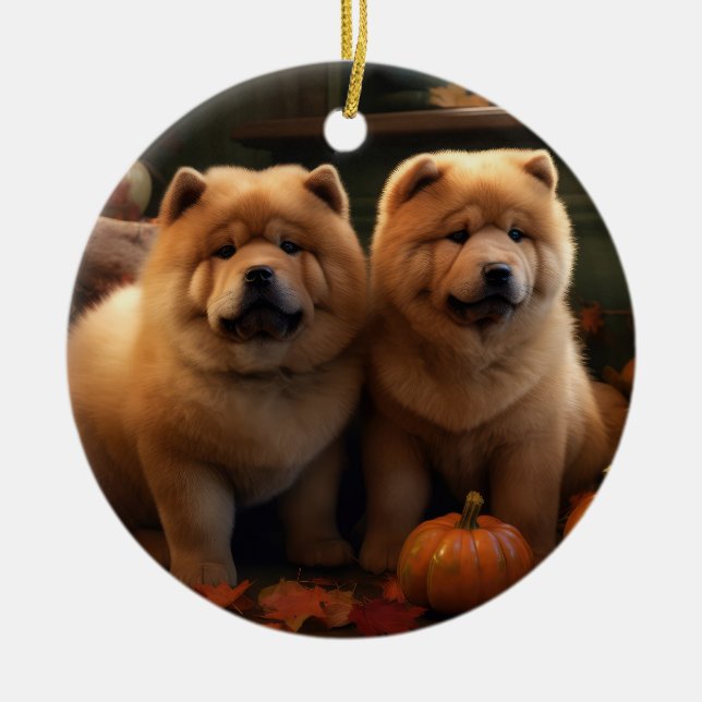 Ornamento De Cerâmica Chow Chow Puppy Autumn Delight Pumpkin (Frente)