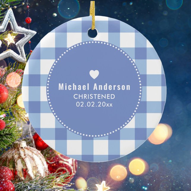 Ornamento De Cerâmica Christening Baptism Cute Baby Boy Photo Blue (Criador carregado)