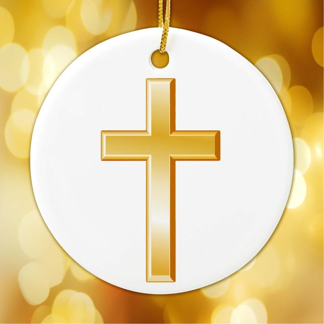 Ornamento De Cerâmica Christian Cross Ornament (Gold cross, symbol of Christian faith. Customize with your text. )