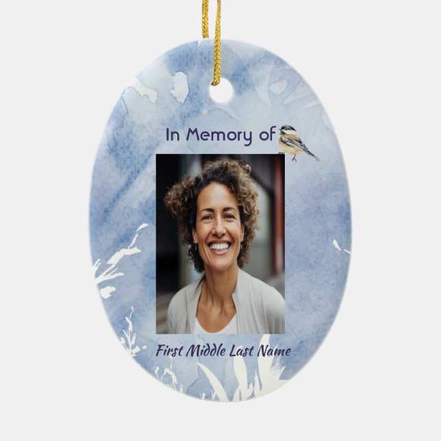 Ornamento De Cerâmica Christian Memorial Chickadee Bird Winter Snow Tree (Verso)