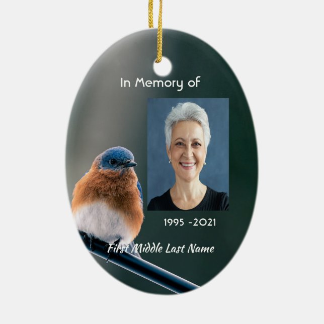 Ornamento De Cerâmica Christian Memorial Photo  Bluebird Garden Bird  (Verso)