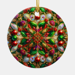 Ornamento De Cerâmica CHRISTMAS Abalone Verde Vermelho Dourado 3D Folhas