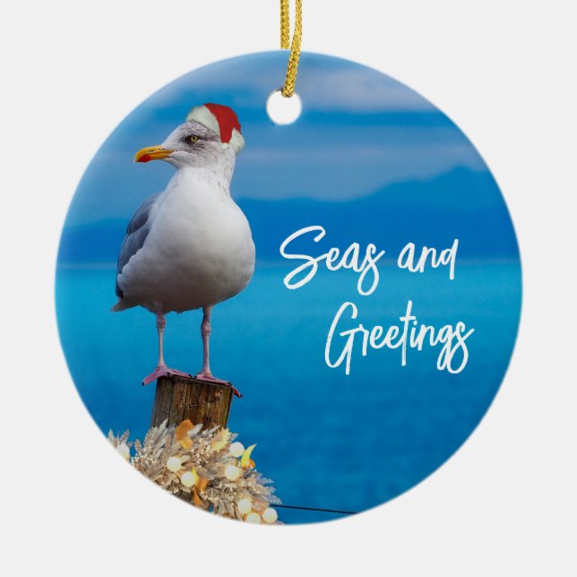 Ornamento De Cerâmica Christmas Beach Seas and Greetings Seagull Ocean (Frente)