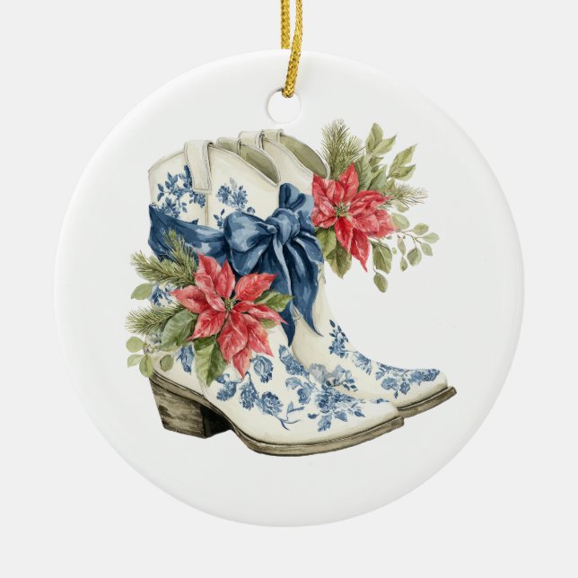 Ornamento De Cerâmica Christmas Blue Chinoiserie Cowgirl Boots (Frente)