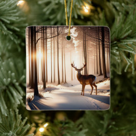 Ornamento De Cerâmica Christmas Buck In Winter Forest