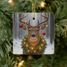 Ornamento De Cerâmica Christmas Buck Wearing a Glowing Wreath
