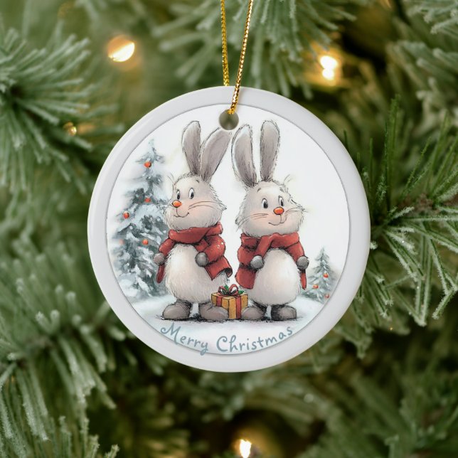 Ornamento De Cerâmica Christmas Bunny and gift, personalized (Árvore)