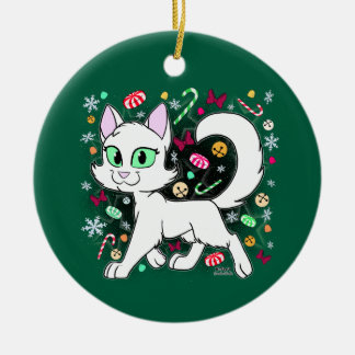 Ornamento De Cerâmica Christmas Cat Ceramic Ornament (Green)