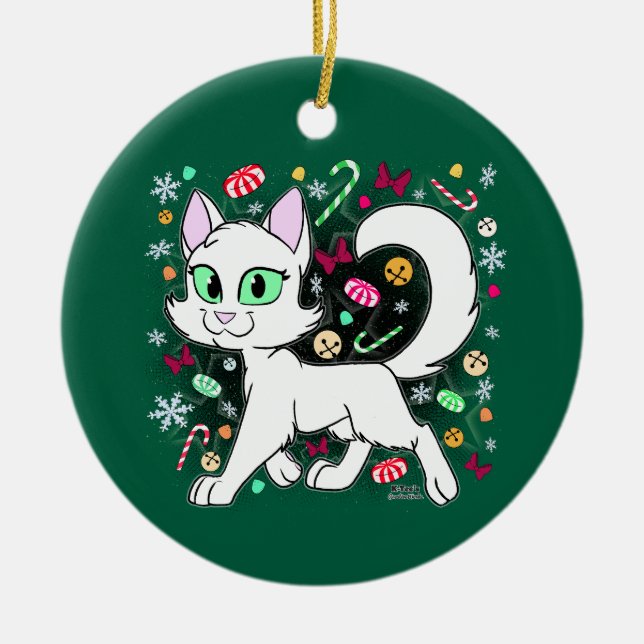 Ornamento De Cerâmica Christmas Cat Ceramic Ornament (Green) (Frente)