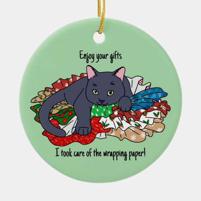 Ornamento De Cerâmica Christmas cat with wrapping paper (Frente)