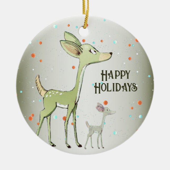 Ornamento De Cerâmica Christmas Celebration Green Deers Holidays Cute (Frente)
